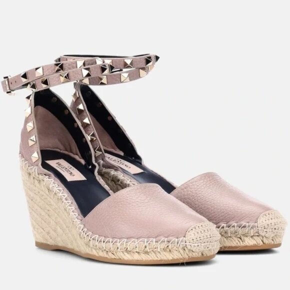 VALENTINO Poudre Grained Leather Rockstud Espadrille Ankle Strap Wedges Size 36 - Picture 1 of 16